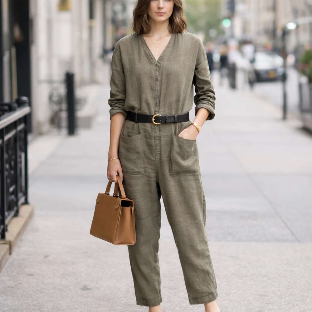 Roots khaki one piece/jumpsuit women M linen pockets button front relaxed fit
